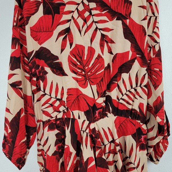 H&M Johanna Ortiz Dress Red Beige Floral Leaves Print Ruffles Short Sz L Open - Picture 6 of 8